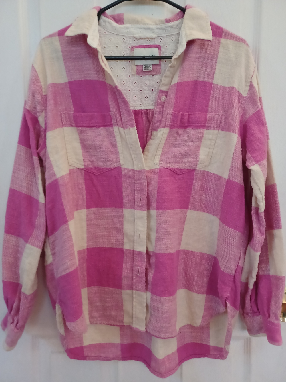 American Eagle Pink/White Plaid Oversized Flannel Button Down